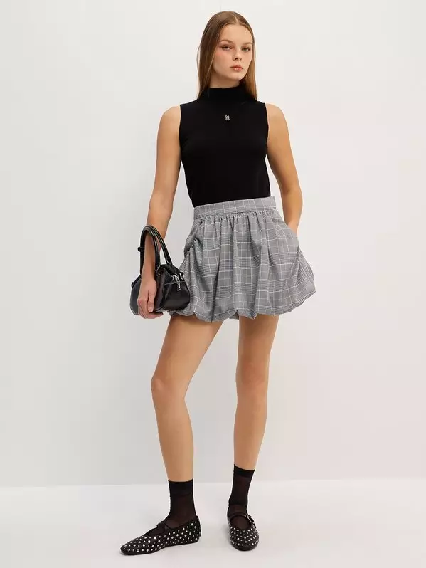 Plaid Balloon Skort - Black/White