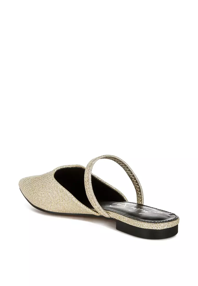 Glitter Faux Leather Flat Mules in Gold