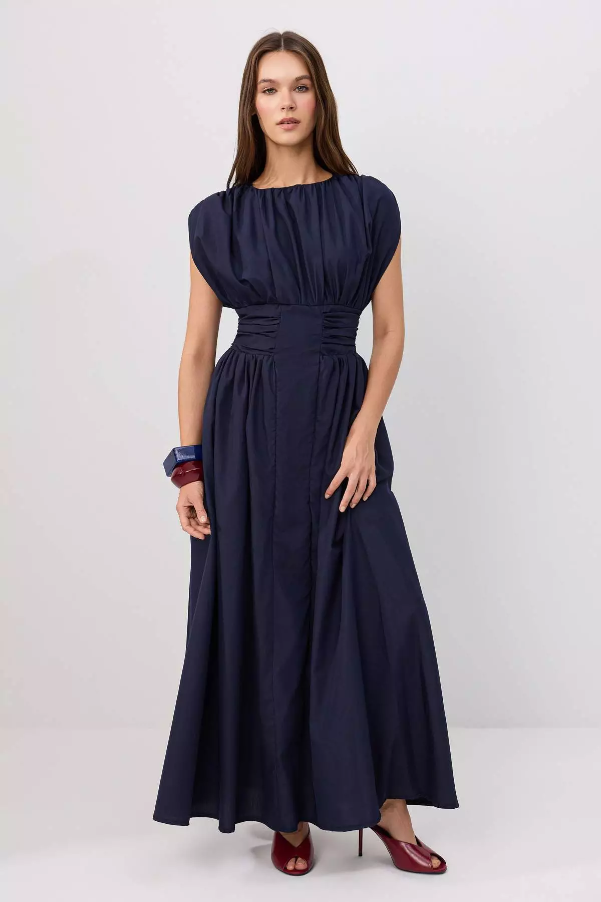 Navy Blue Corset Detailed Maxi Woven Dress Twoss26El00679