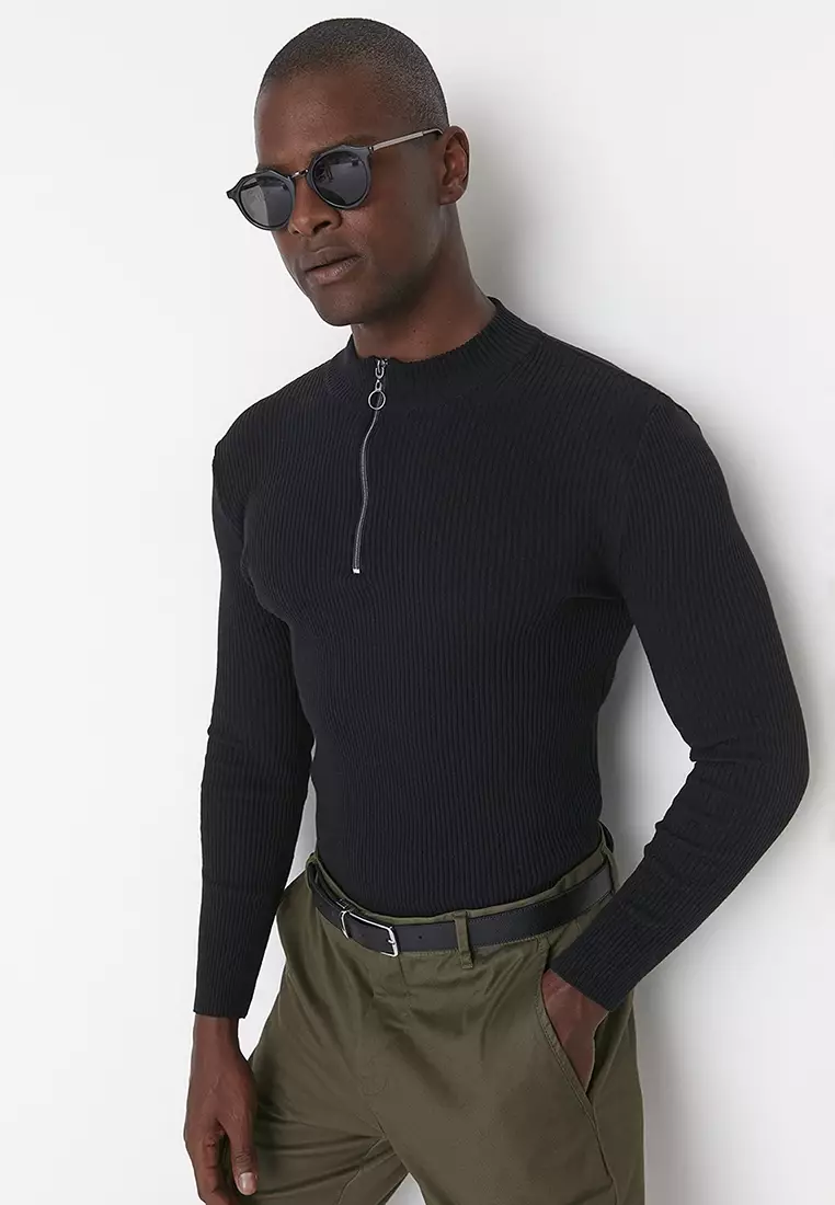 Slim Fit Half Turtleneck Zipper Corduroy Sweater