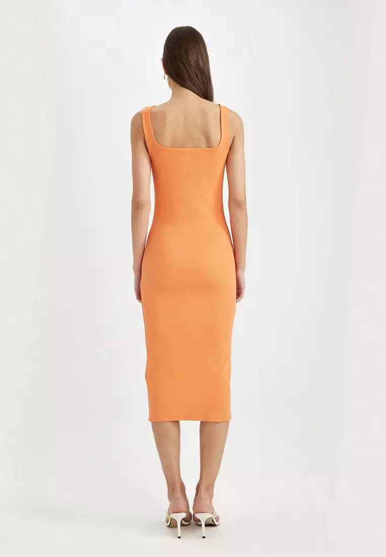 Bodycon Fitted Basic Plain Square Neck Ribbed Camisole Sleeveless Midi Dress