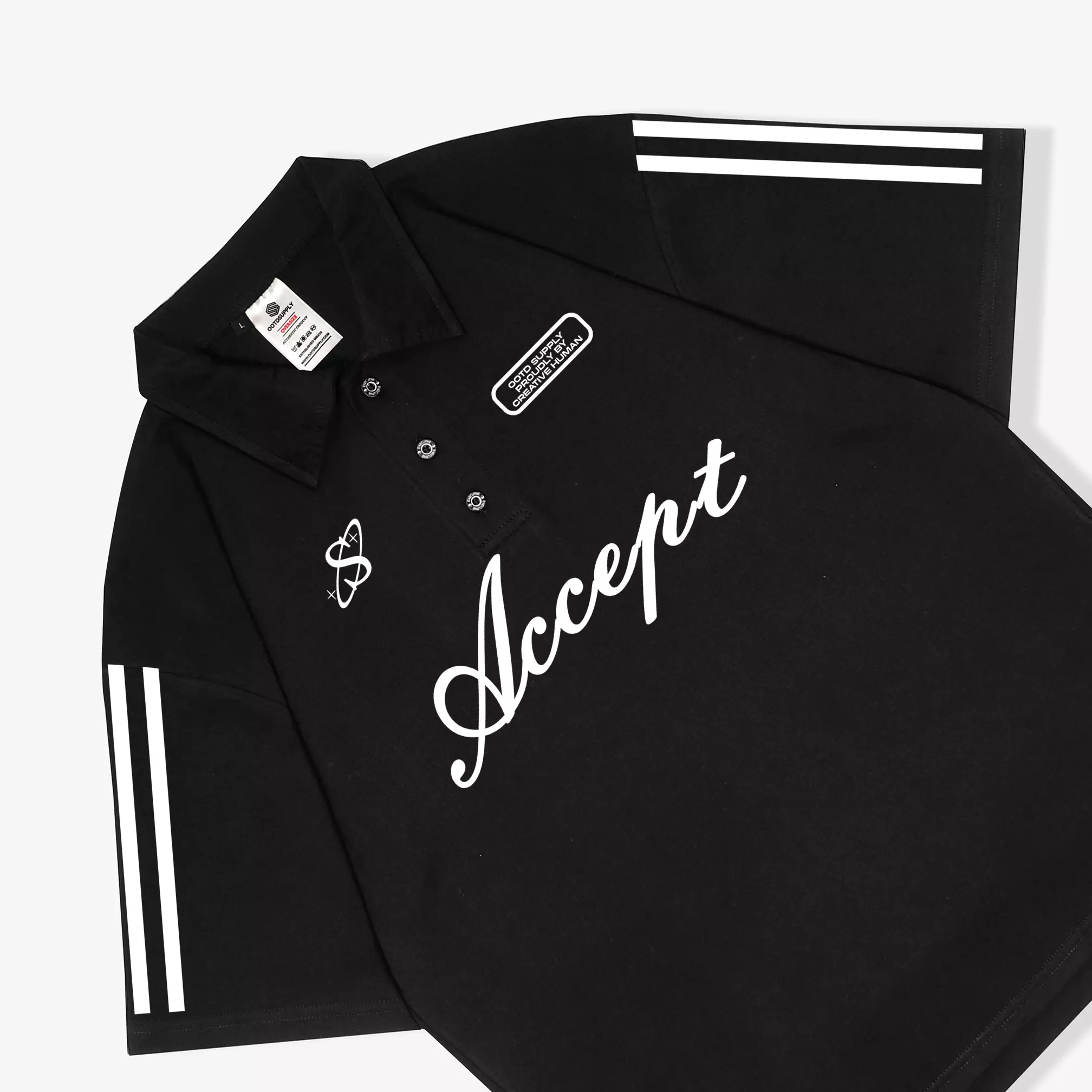 OOTDSUPPLY Oversize Polo Shirt Accept Line White & Black l Kaos Oversize Pria dan Wanita OVZ-PS003