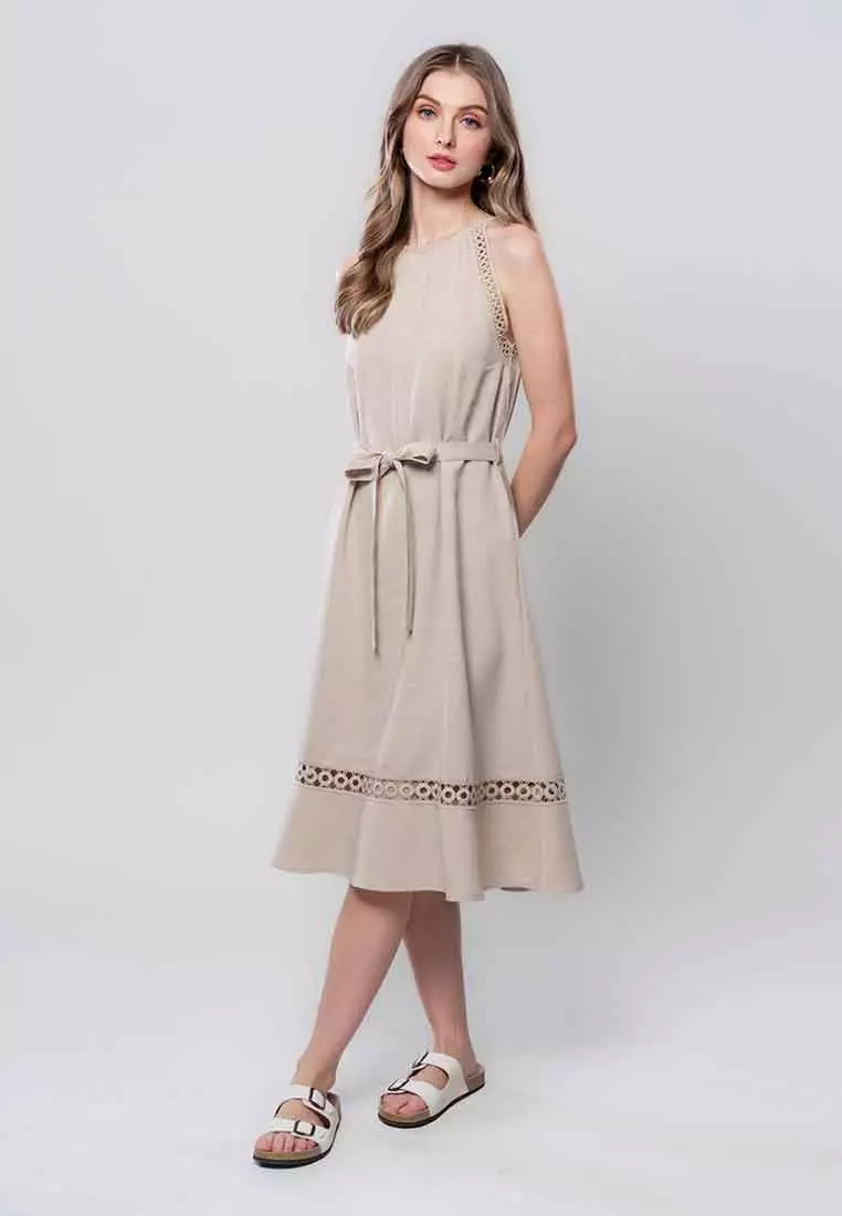 Rosaline Halter Sleeveless Dress with Trimming Detail and Sash Belt