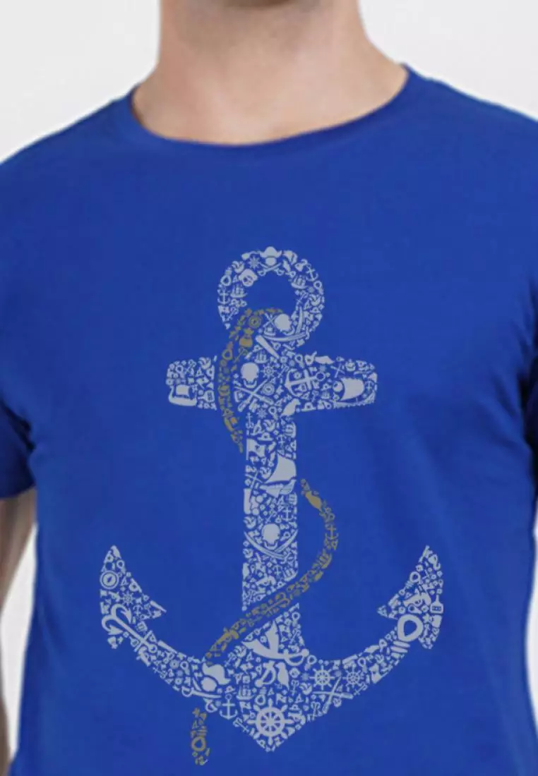 Anchor Print Graphic Blue Relaxed Fit Short Sleeve Cotton Tee/Tshirt
