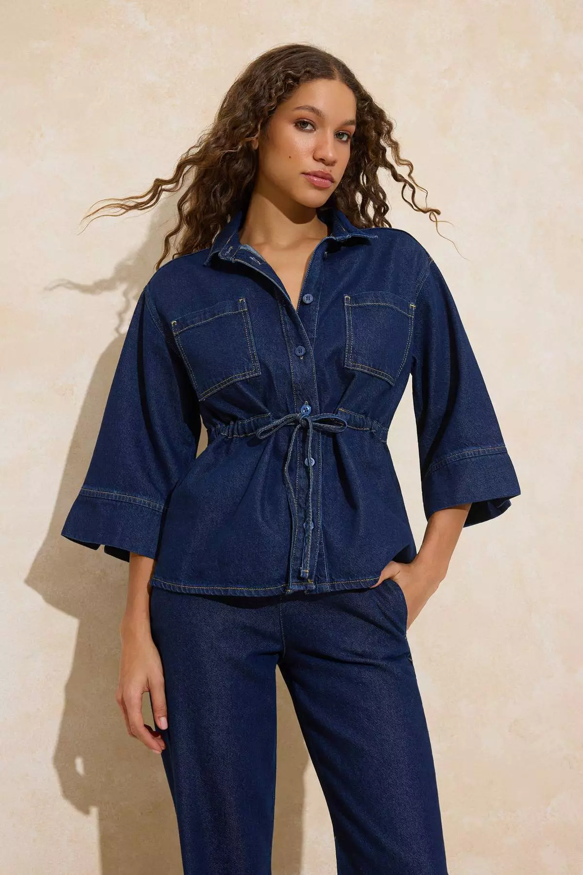 Dark Blue Waist-Tied Tencel Blended Denim Shirt Twoss26Go6