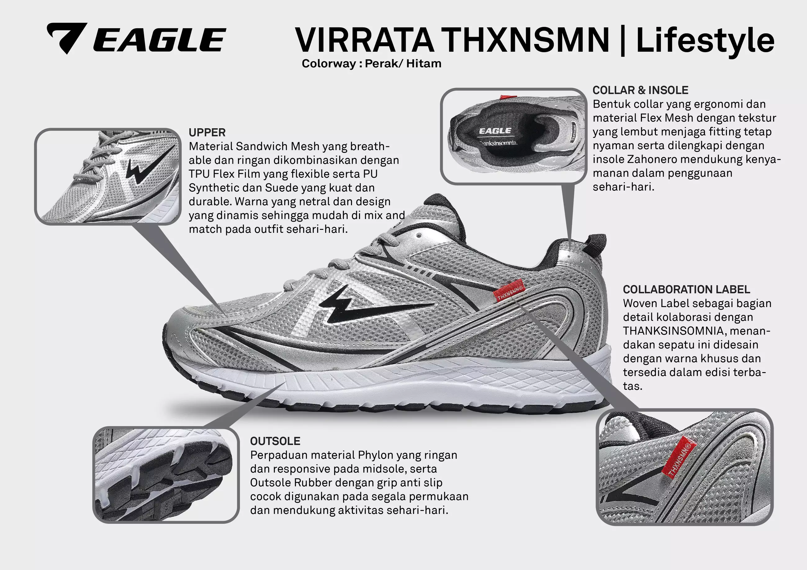 Eagle Sepatu Sneakers Lifestyle Virrata X ThanksInsomnia - PERAK/HITAM
