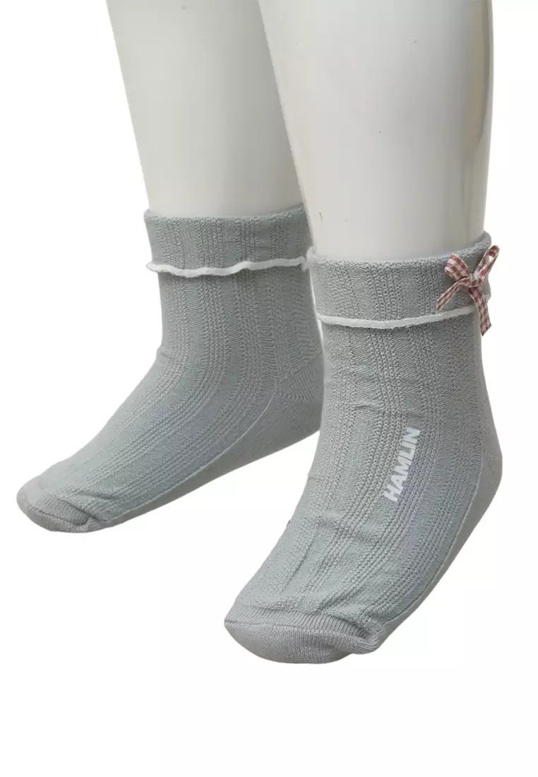 Candie Kaos Kaki Pendek Anak Perempuan Desain Plaid Pita Kids Socks Material Cotton ORIGINAL - Gray
