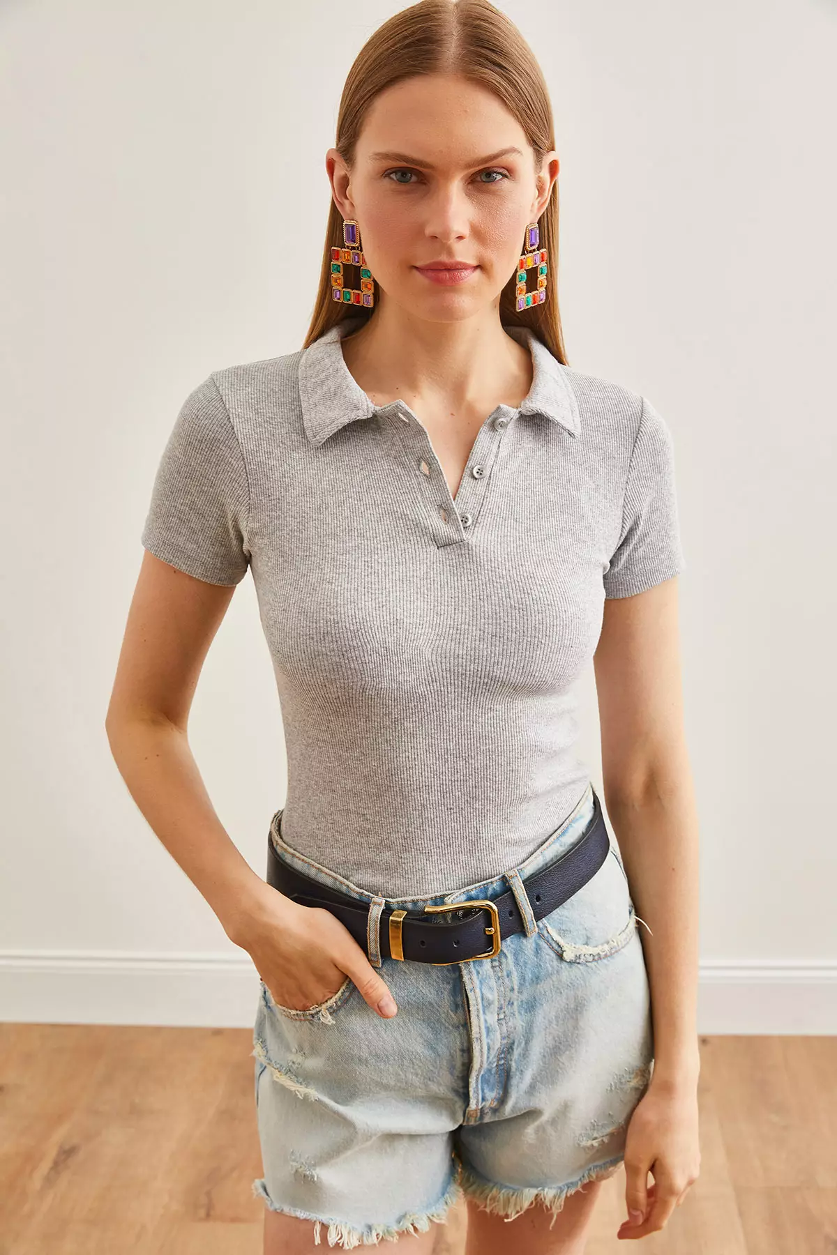 Gray Polo Collar Lycra Women's Blouse - Buttoned Blz-19002558
