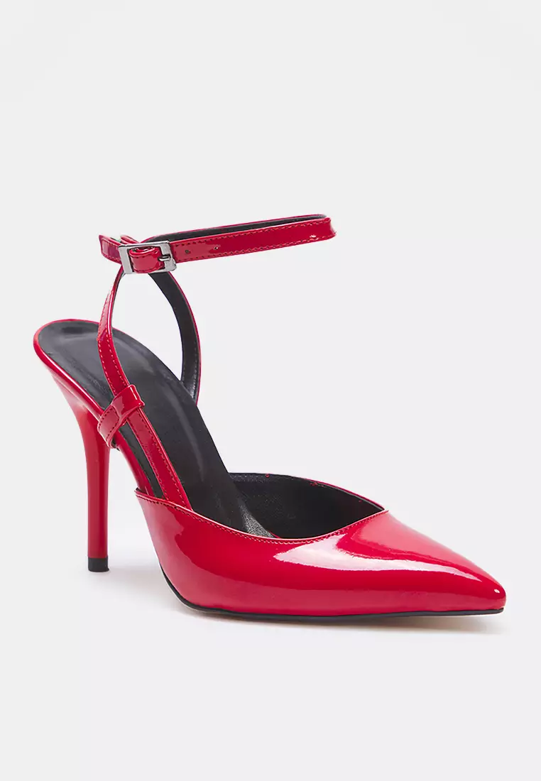 Red Patent Leather Ankle Strap Pointed Toe Women Classic Thin Heels Shoes Takss25To00081