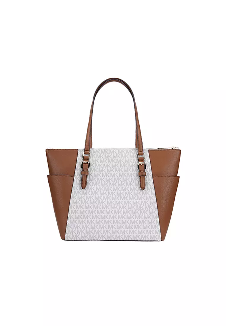 Charlotte Large Logo and Leather Top-Zip Tote Bag In Vanilla 35T0GCFT3B