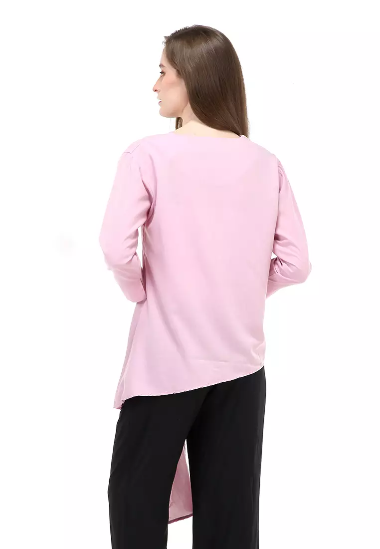 Alena Blouse Long Sleeves Wanita Motif Polos Atasan Wanita Casual - Pink