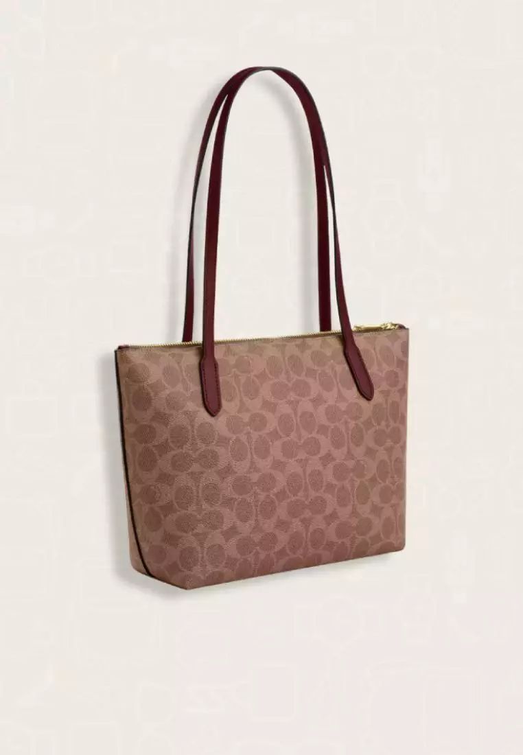 Coach Fiona Zip Tote Bag In Signature Canvas With Horse And Carriage Print Tan Black Cherry