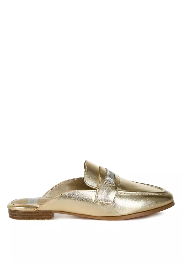 Rhinestones Slip On Mules in Gold