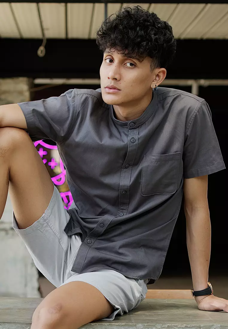 Kemeja Collarless Koko Tangan Pendek short shirt OXCON Charcoal