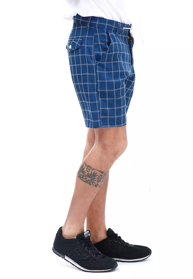 Rissham Celana Pendek Chino Pria Motif Tartan Casual Short Pants Material Cotton ORIGINAL - Navy