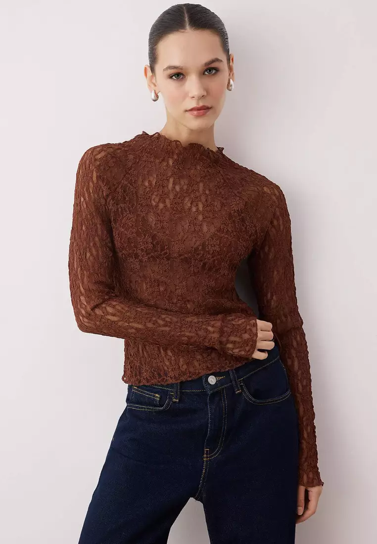 Buy Trendyol Brown Fitted/Bodycon Raglan Sleeve Lace Long Sleeve ...