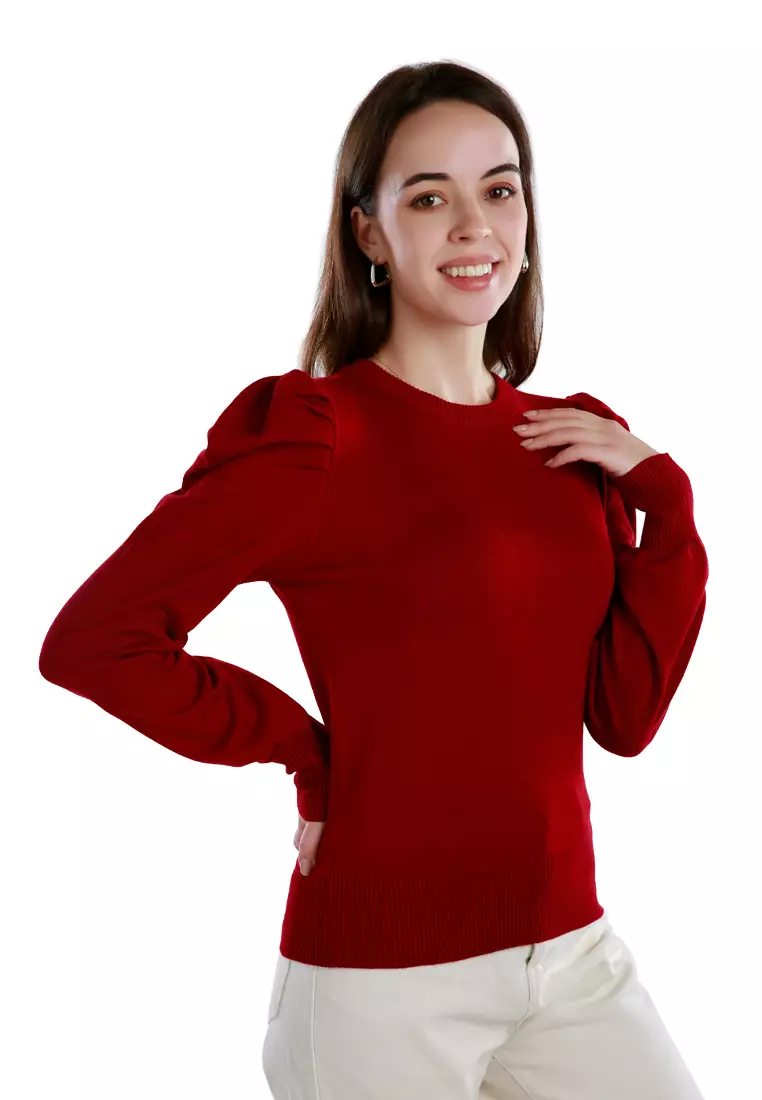 酒紅色泡泡袖毛衣