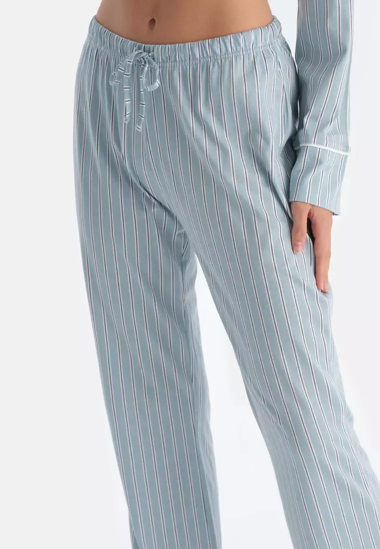 Light Blue Shirt & Trousers Set, Striped, Regular Fit, Long Sleeve Sleepwear for Women