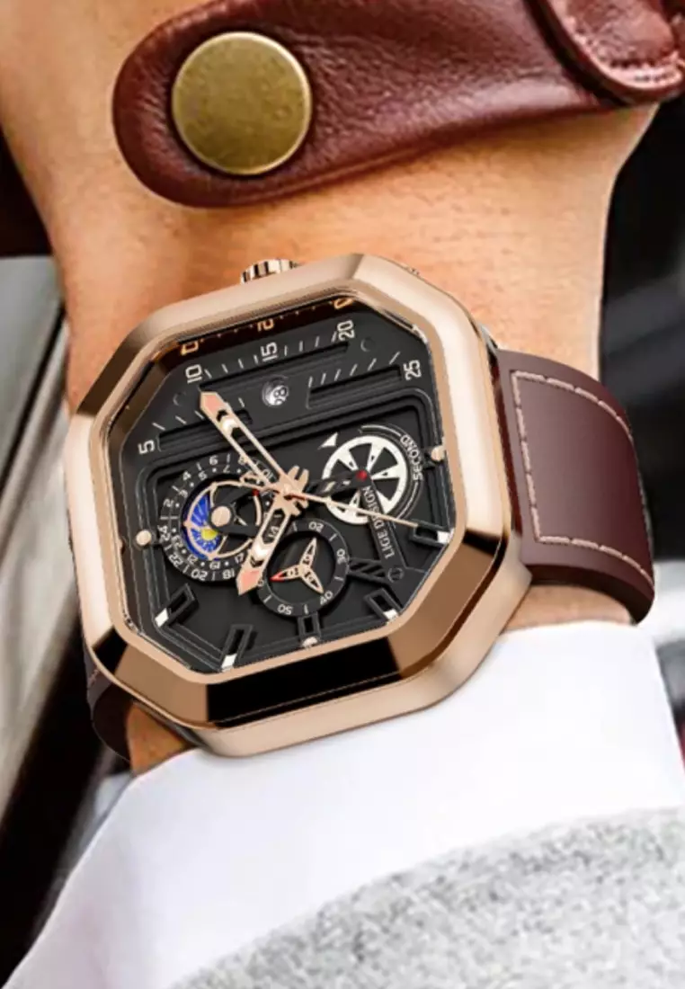 Unisex Chronograph Octogonal IP Pink Steel Quartz Watch on brown leather strap