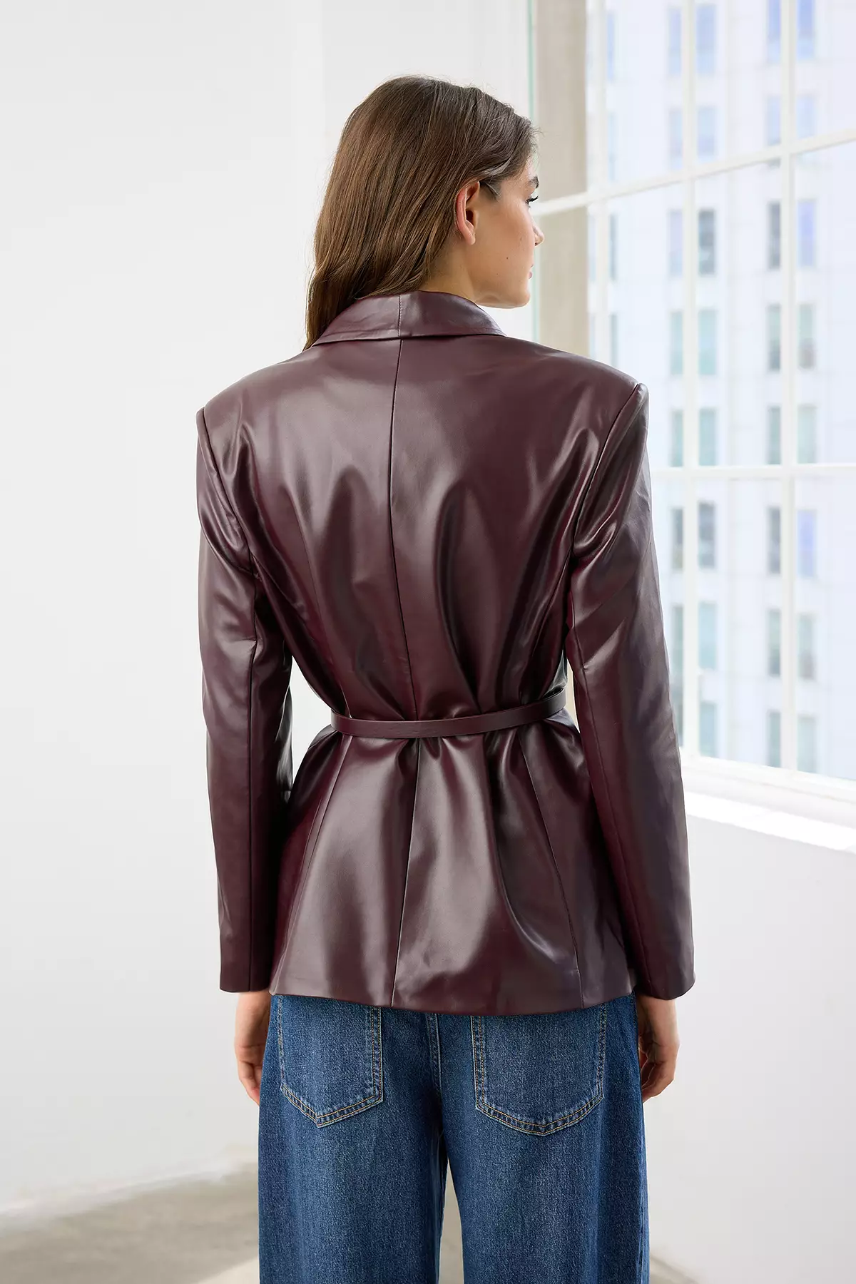 Burgundy Belted Double-Breasted Faux Leather Blazer Jacket