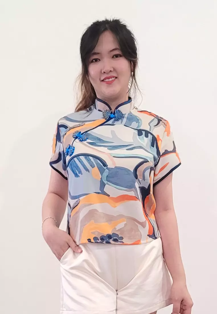 Ivory Cheongsam Cap Sleeves Top Orange White Printed Batik