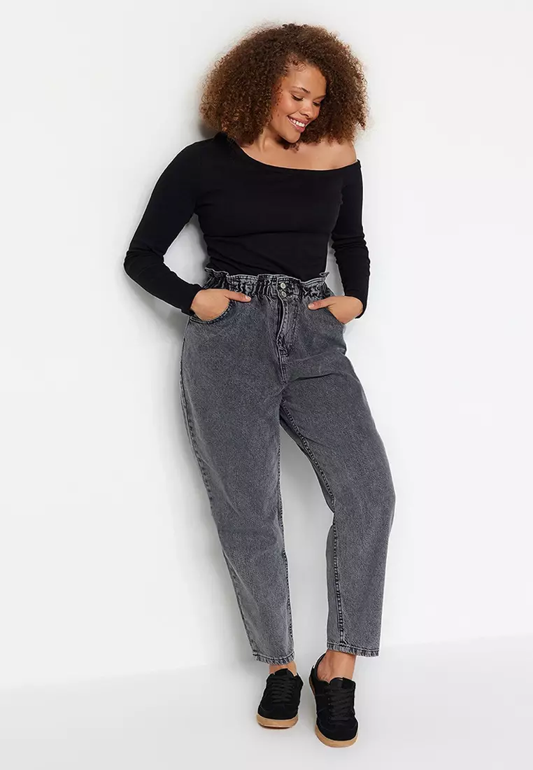 Gray High Waist Elastic Waist Mom Jeans TBBAW23JE00002
