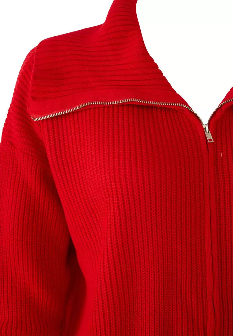 Red Turn-Down Collar Zipper Crop Knitwear Cardigan Tbbaw25Av00009
