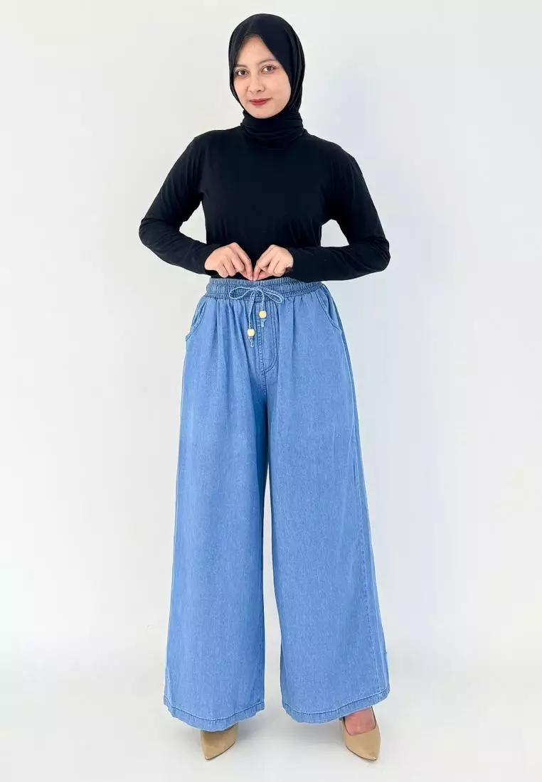 LEZAHRASIGNATURE Palazzo Emily - Celana Panjang Kulot Denim Wanita - Biru Muda
