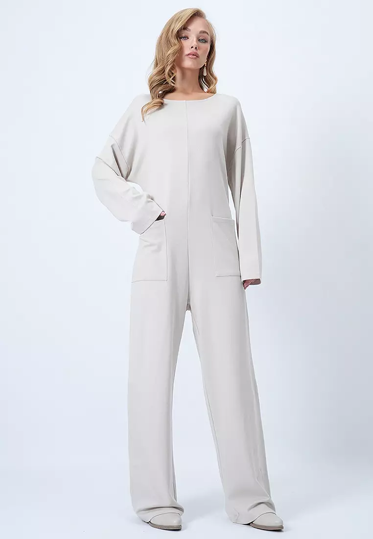 Crew Neck Back Zippered Relaxed Cut Jumpsuit