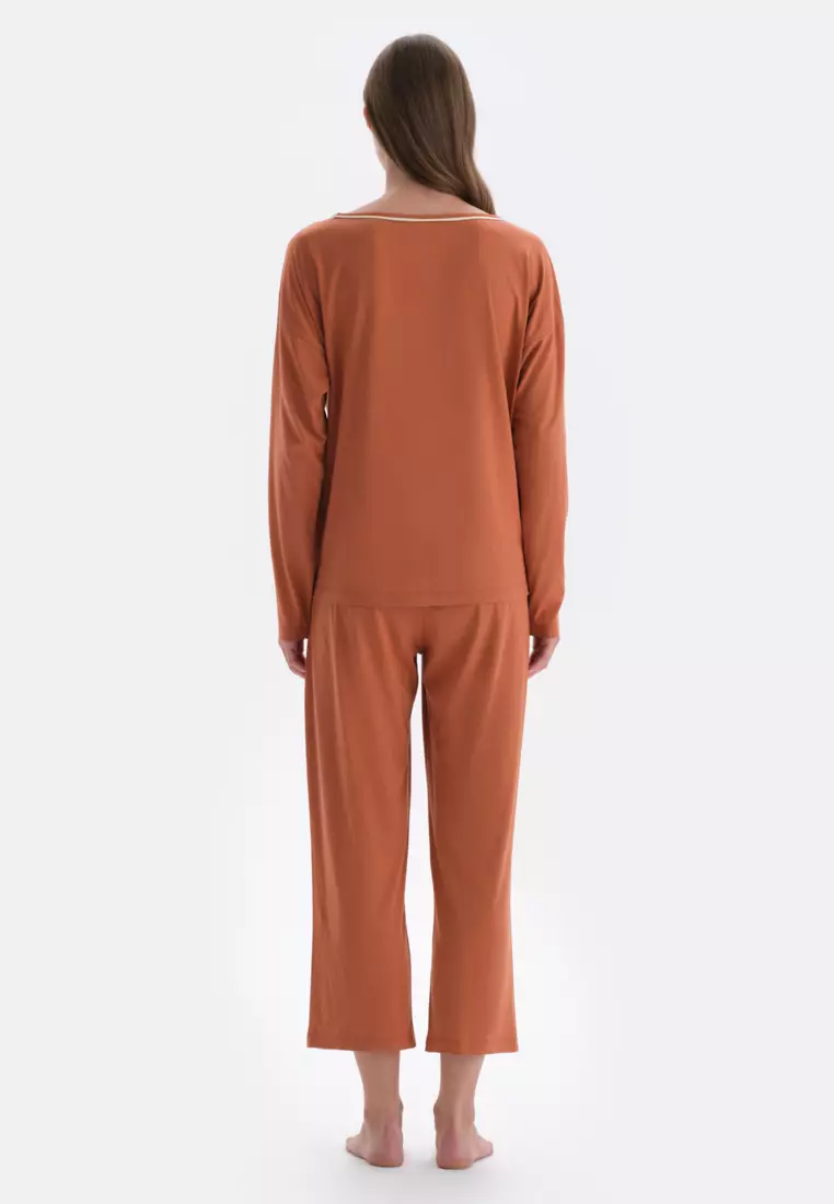 Terracotta T-Shirt & Trousers Knitwear Set, Boat Neck, Regular Fit, Regular Leg, Long Sleeve Sleepwear for Women