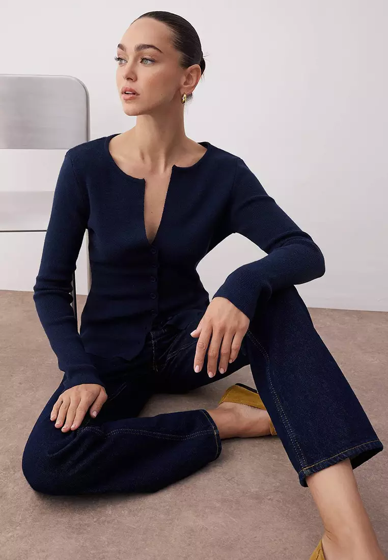 Navy Blue Premium Yarn/Special Yarn Fitted/Slim Fit Wool Knitwear Cardigan