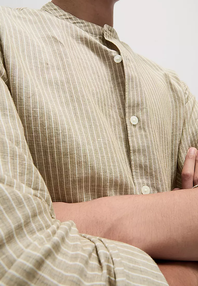 Cotton Linen Blend Striped Grandad Collar Shirt