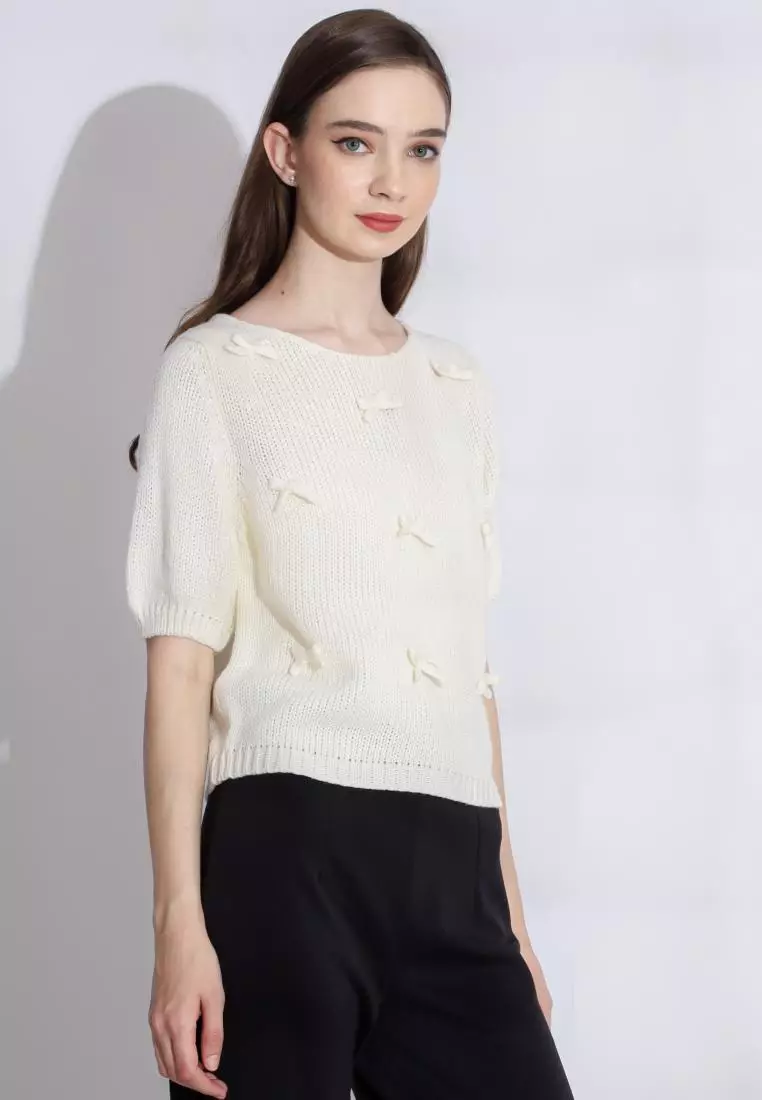 Nalla Knit Blouse Ribbon in White