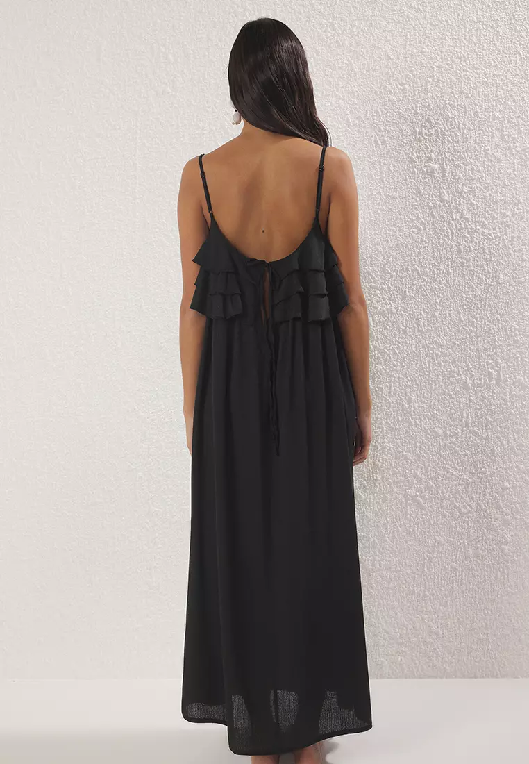 Black Woven Midi Flounces Beach Dress Tbess25El00132