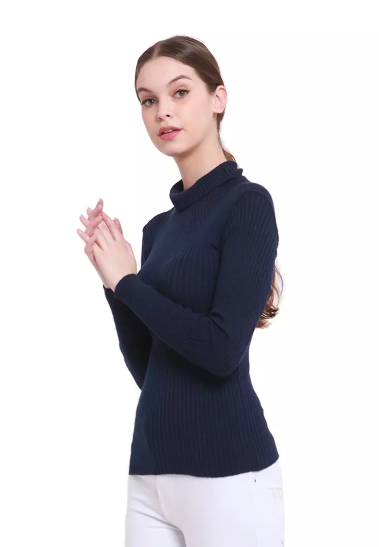 Misel Sweater Rajut Turtle Neck Long Sleeves Atasan Ribbed Wanita - Navy