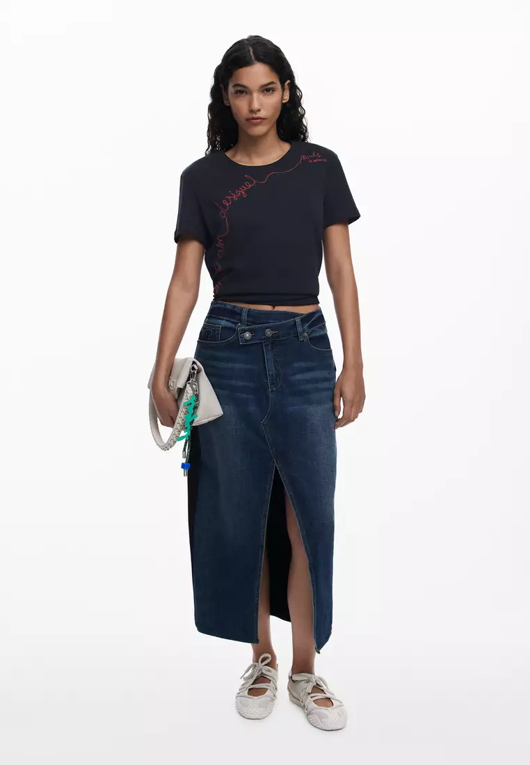 Combined denim midi skirt