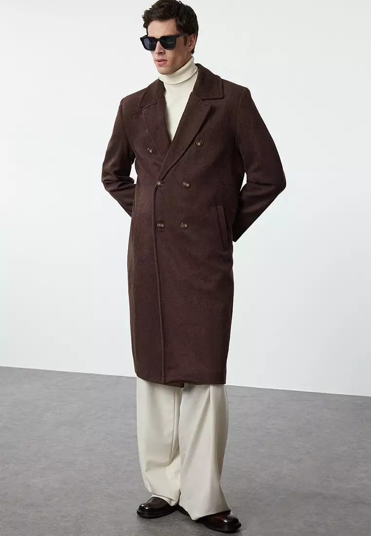 Brown Loose Fit Double Breasted Long Stitched Winter Coat TMNAW23KB00003