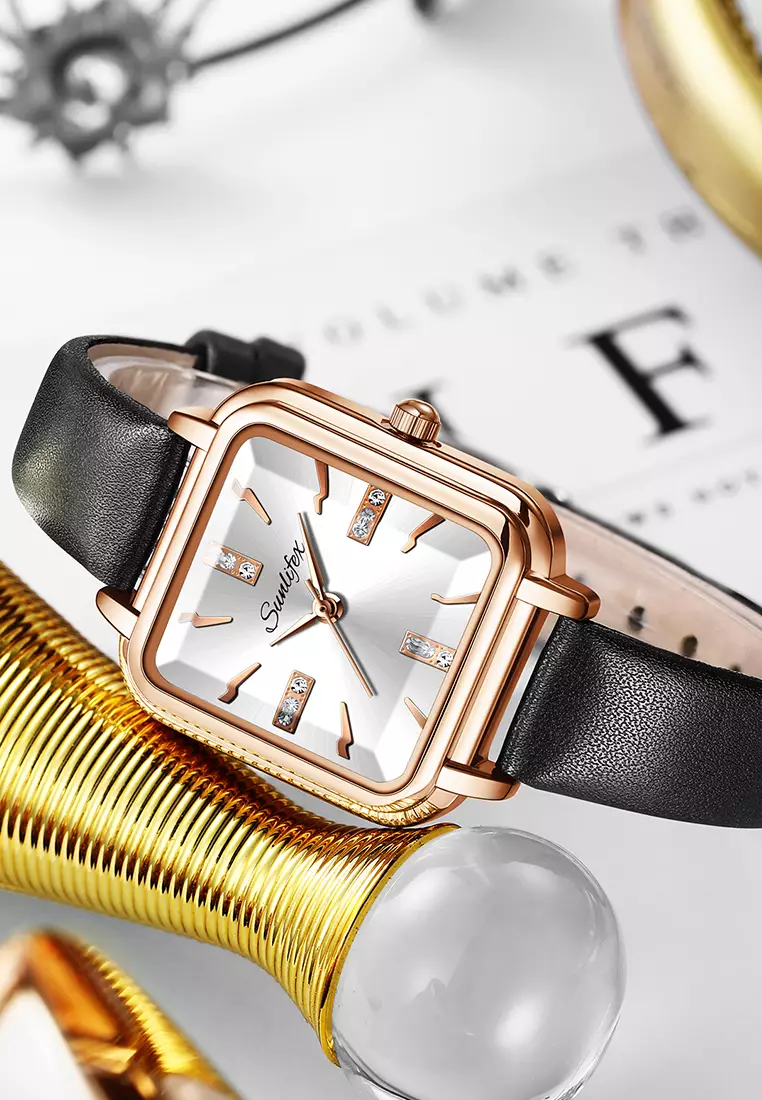 Jam Tangan Wanita Fashion Tali Kulit Jam Analog Kecil Gaya Korea Barsh Jam Tangan cewek black white