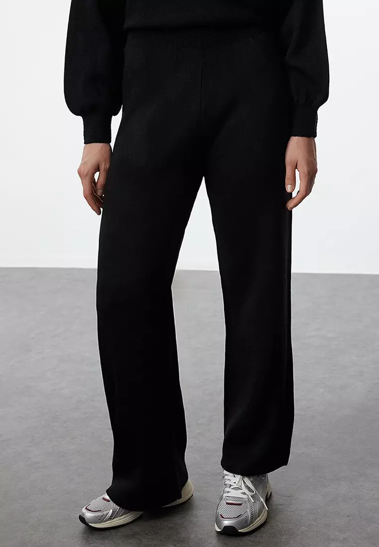 Black Wide Pattern Balloon Sleeve Knitwear Top-Bottom Set TWOAW24AU00067