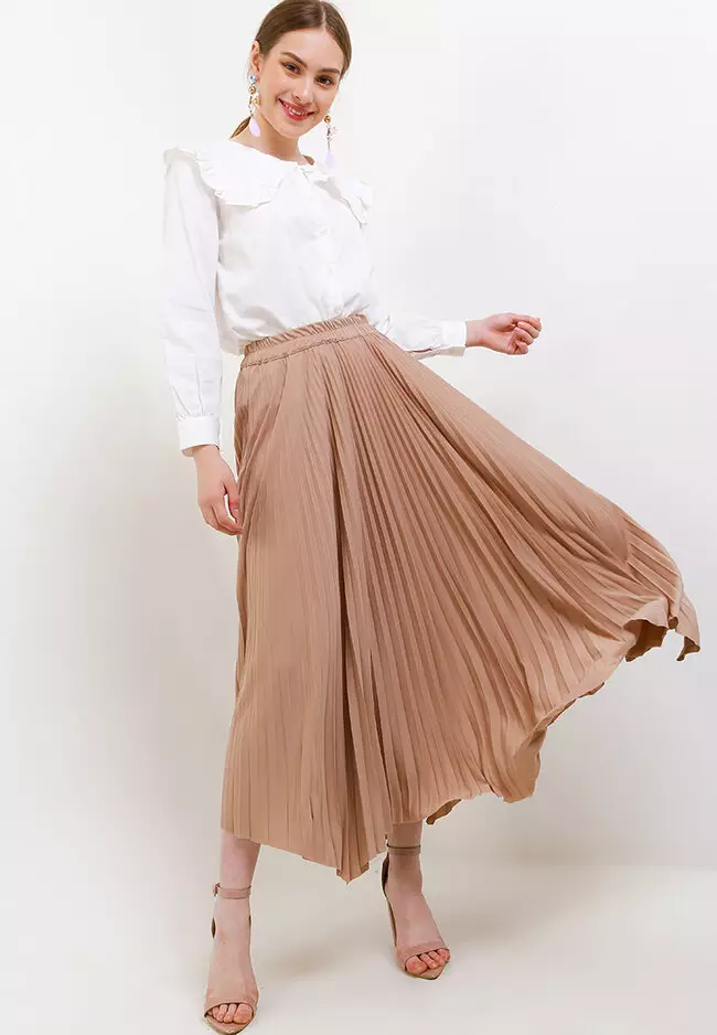 Asym Hem Pleated Long Skirt