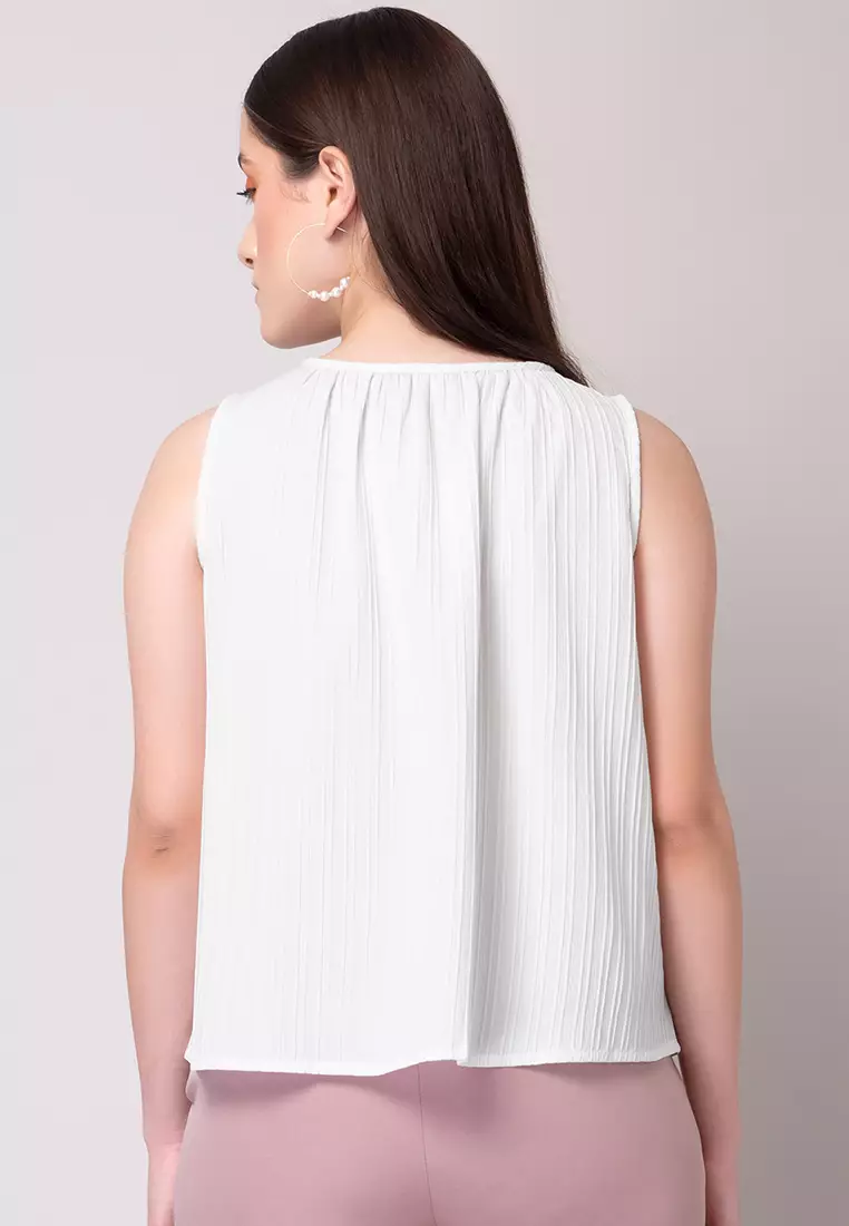 White Textured Sleeveless Blouse