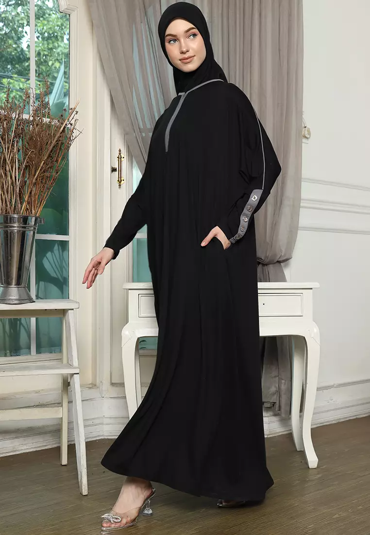 JV Hasanah Abaya Rayon Dress Shireen Black Grey | Gamis Abaya Oversize Busui Lengan Batwing Polos