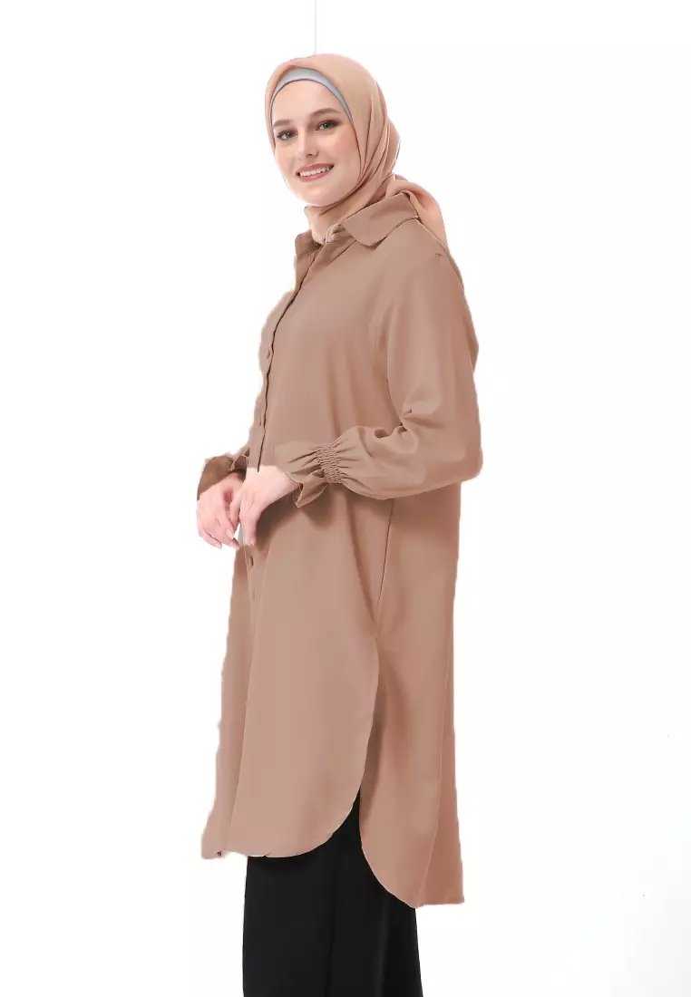 Icella Long Tunik Muslimah Atasan Wanita Motif Polos Lengan Panjang Premium Quality - Mocca