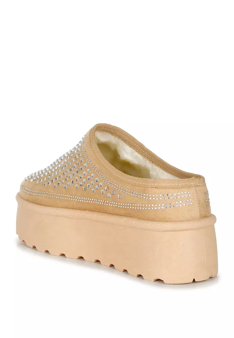 Beige Rhinestones Embellished Platform Classic Slip-On