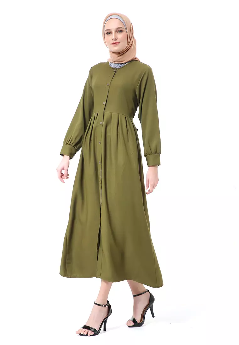 Kiyah Dress Button Muslimah Atasan Wanita Long Sleeve Premium Quality - Army