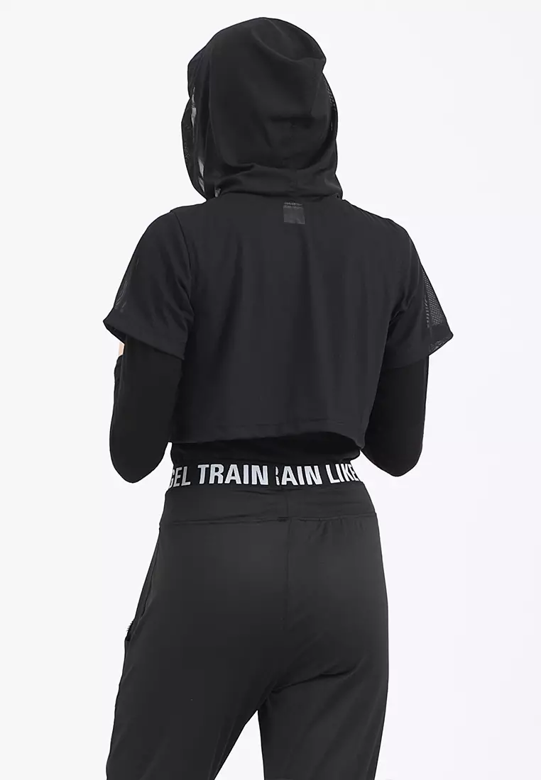 Fitwear - Croptop Jaring / Mesh / Sheer Olahraga RACHEL HOODIE SS - BLACK