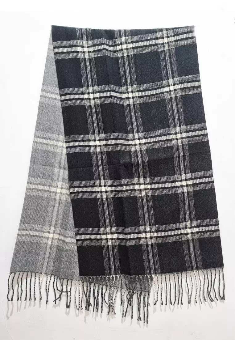 Aksesoris Wanita Double Side  Checks Motif Cashmere Pashmina Shawl Syal Wanita Kotak Kotak Black & Grey
