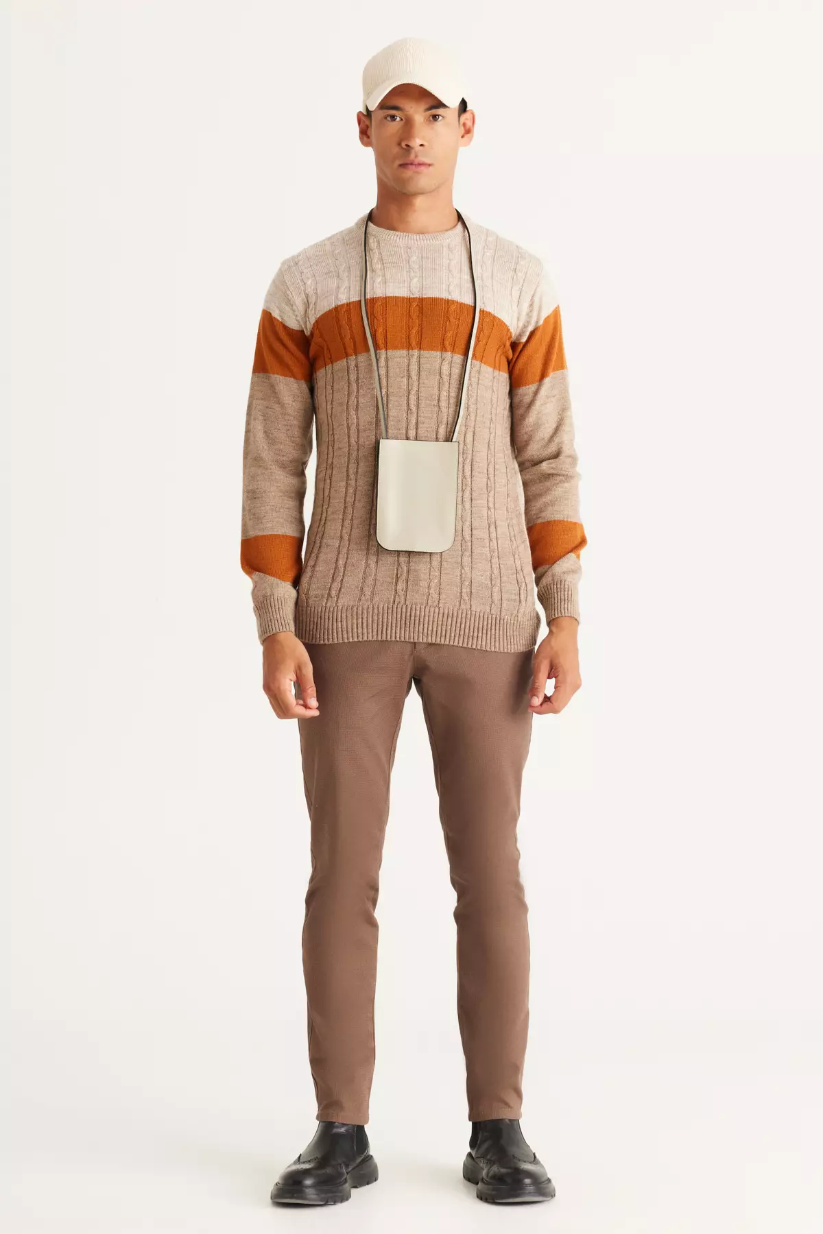 Beige-Mink Standard Fit Regular Cut Crew Neck Colorblock Patterned Knitwear Sweater