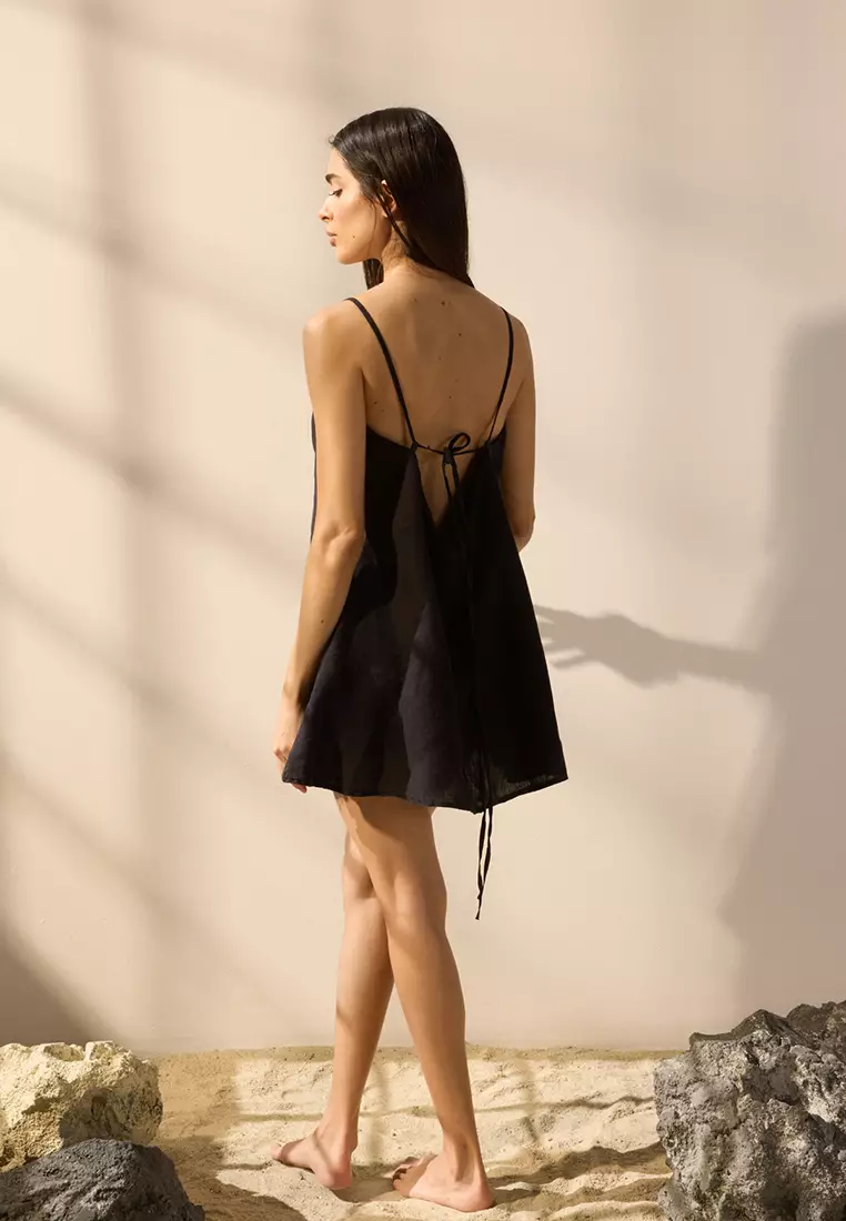 Black Mini Woven 100% Linen Beach Dress TBESS25EL00103