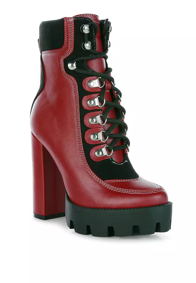 High Heel Lace-Up Biker Boot in Burgundy black
